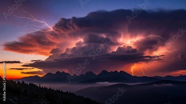 Obraz Dramatic Sunset over Mountains with Stormy Clouds