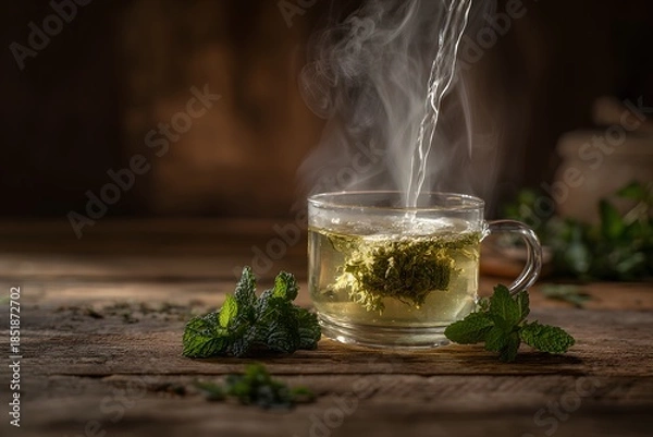 Obraz Steaming Herbal Tea on Rustic Wooden Surface