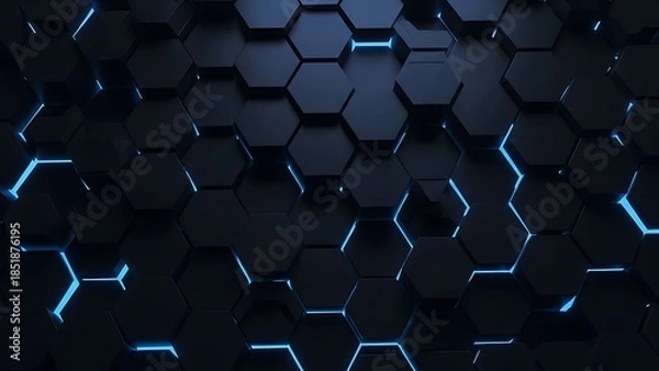 Fototapeta Dark Hexagonal Pattern with Glowing Blue Edges geometric
