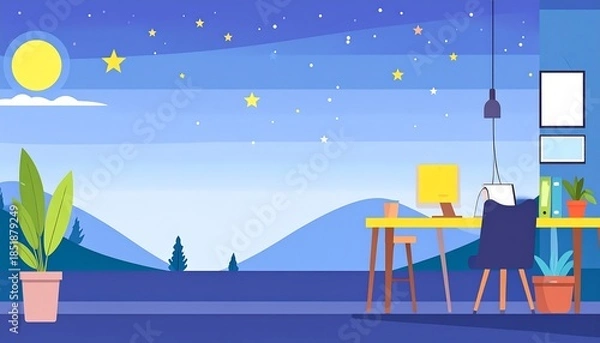Fototapeta Desk in a room overlooking a nighttime mountain landscape under a starry sky with a bright moon, rendered in vector