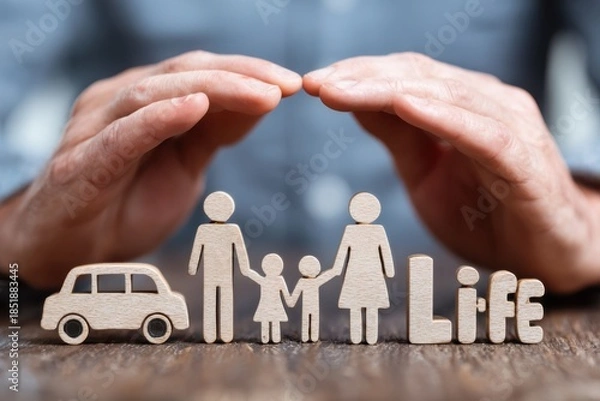 Obraz Protective Hands Shielding Family Insurance Concept