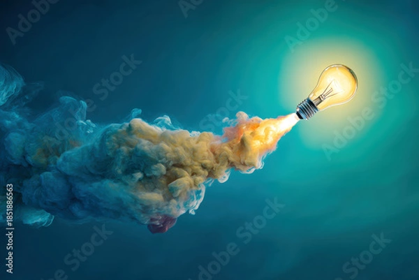 Obraz Light Bulb Rocket Soaring Through Clouds with Bright Idea Concept
