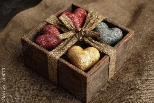 Obraz Rustic Gift Box with Textile Hearts Design