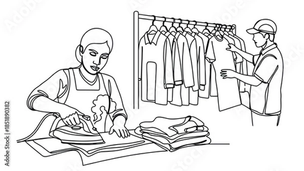 Obraz Laundry workers ironing and organizing clothes