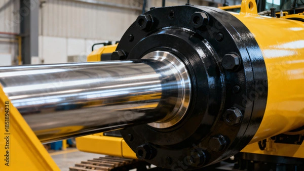 Obraz Close-up View of Hydraulic Cylinder in Industrial Workshop with Yellow Coating