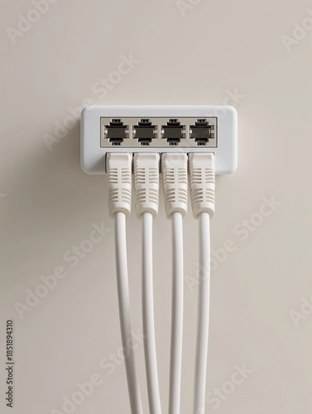 Obraz Ethernet cables connected to network port on beige background