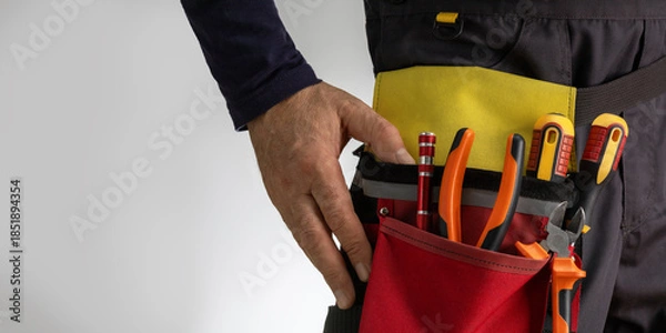 Obraz Electrician in uniform with tool belt with various instruments.  Space for text, closeup.