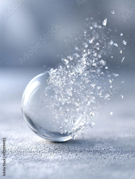 Obraz Shattering glass ball in midair with icy blue background