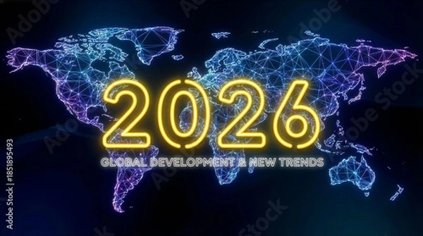 Obraz 2026 Global Development and New Trends Digital World Map