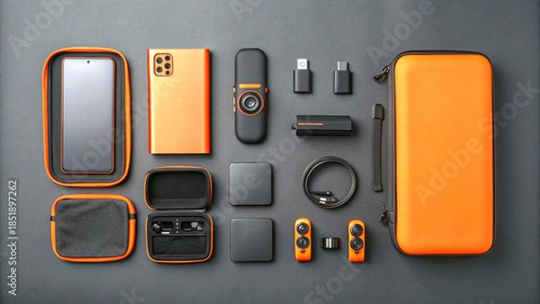 Fototapeta Tech accessories in bold flat lay