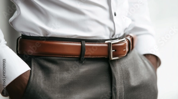 Obraz A man wearing a brown belt and gray pants