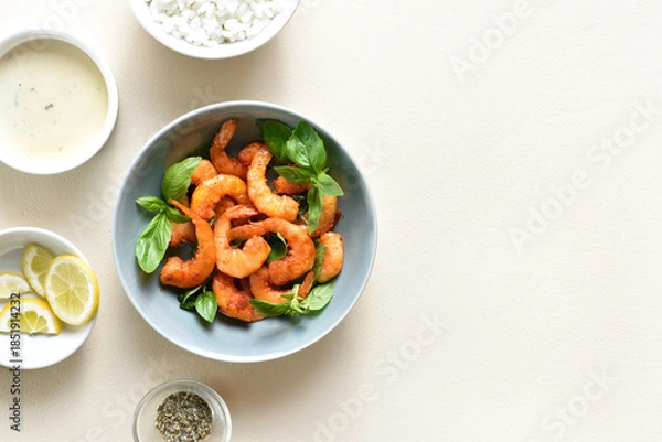 Obraz Roasted prawn with basil leaves