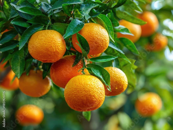 Obraz fresh and healthy ripe dekopon oranges on tree at agriculture plantation farm garden.	