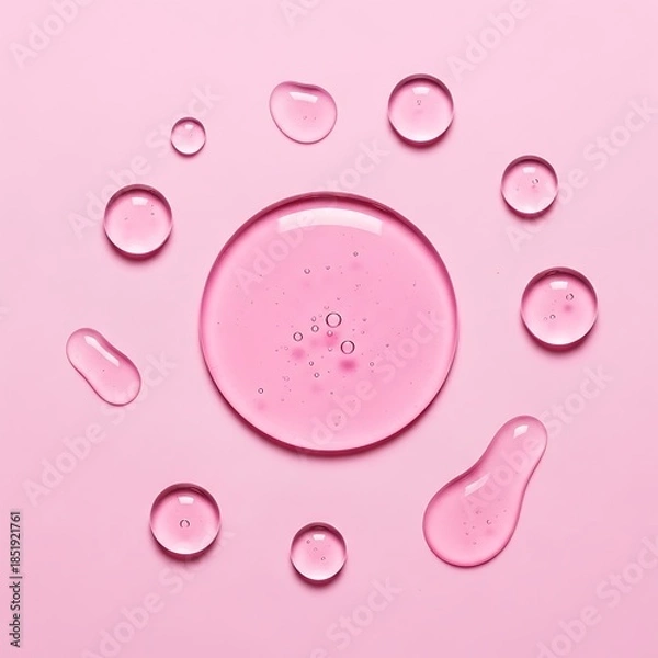 Fototapeta Pink liquid drops and blobs on pink background water