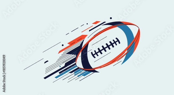 Fototapeta A dynamic illustration of an American football in mid-air, surrounded by colorful speed lines and abstract geometric elements, signifying motion.