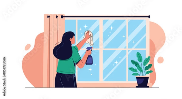 Fototapeta A woman diligently cleaning a sparkling window with a spray bottle and cloth, depicting domestic chores and home maintenance.