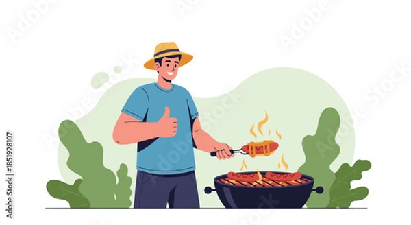 Fototapeta A smiling man in a hat grilling delicious sausages on a barbecue, giving a cheerful thumbs-up in an outdoor setting.