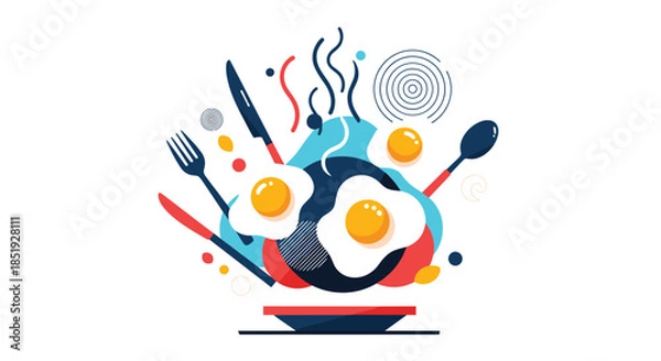Fototapeta A dynamic abstract illustration of fried eggs cooking in a pan, surrounded by vibrant cutlery and geometric shapes, representing breakfast.