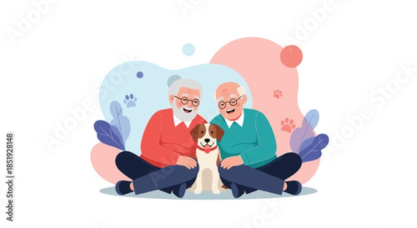Fototapeta Two happy elderly men sitting on the ground with a small, adorable dog, surrounded by abstract shapes and paw prints.