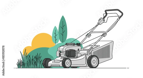 Fototapeta A modern lawn mower standing on a strip of freshly cut grass, with abstract green and yellow shapes in the background.