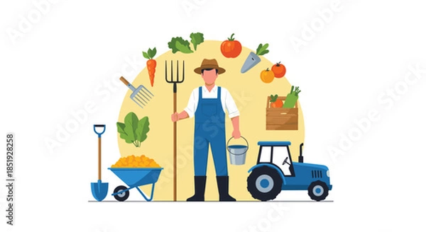 Fototapeta A cheerful farmer standing proudly with a pitchfork and bucket, surrounded by fresh vegetables, a wheelbarrow, and a tractor.