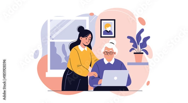 Fototapeta A caring young woman assisting an elderly woman with using a laptop, symbolizing intergenerational support and digital learning.