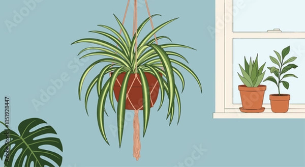 Fototapeta A vibrant spider plant in a hanging macrame planter, alongside smaller potted plants on a windowsill against a serene blue wall.