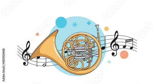 Fototapeta A beautifully rendered French horn, accompanied by flowing musical notes and abstract geometric shapes, symbolizing classical music.