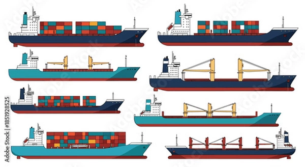 Fototapeta A comprehensive collection of various cargo and container ships on the sea, illustrating global trade, logistics, and maritime transport.
