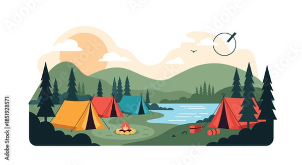 Fototapeta A picturesque campsite featuring colorful tents, a warm campfire, a tranquil lake, and tall pine trees under a beautiful sunset.