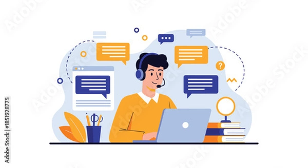 Fototapeta A male customer support agent or online consultant wearing a headset, actively working on a laptop, surrounded by chat bubbles and data screens.