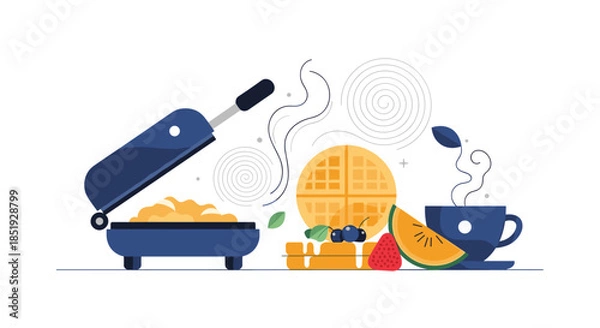 Fototapeta A delicious breakfast scene with a waffle maker, freshly made waffles, a steaming coffee cup, and an assortment of fresh fruits.