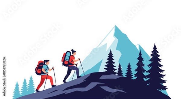 Fototapeta Two adventurous people hiking uphill on a mountain trail with backpacks and trekking poles, surrounded by majestic pine trees.