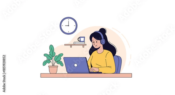 Fototapeta A smiling woman wearing headphones, diligently working on her laptop at a clean desk, surrounded by a plant and a clock.