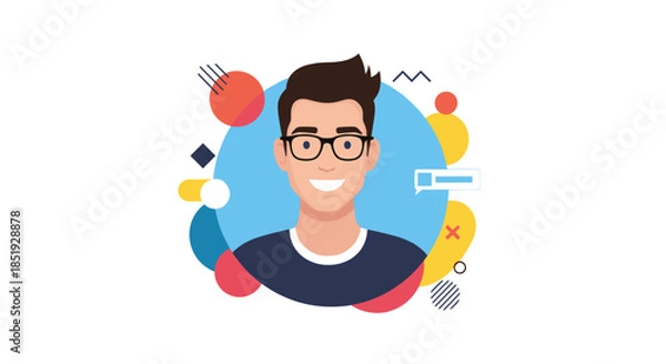 Fototapeta A cheerful portrait of a smiling young man with glasses, surrounded by vibrant abstract geometric shapes, symbolizing creativity.