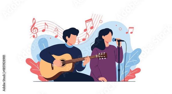 Fototapeta A talented man playing an acoustic guitar while a woman sings into a microphone, surrounded by flowing musical notes, depicting a performance.