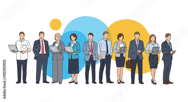 Fototapeta A diverse group of professional business people in various poses, some holding laptops and tablets, symbolizing corporate teamwork.