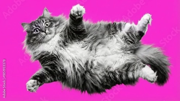 Fototapeta Black and white fluffy cat flying in mid air against bright pink background