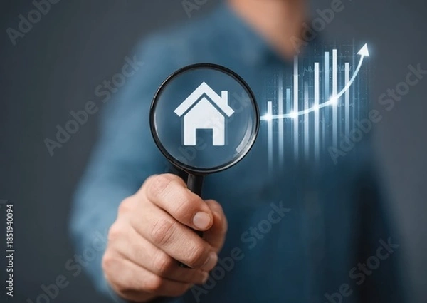 Fototapeta A person holds a magnifying glass over a house icon, with a rising graph, symbolizing real estate growth and market analysis.