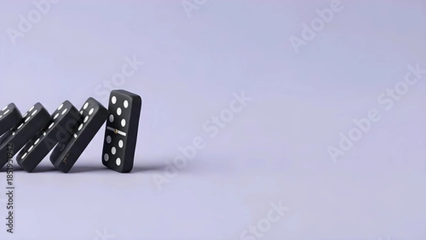 Obraz 【3Dクレイアート】倒れ始めるドミノと広大な余白　連鎖反応と波及効果を象徴するビジネス背景素材　手作り粘土風　因果関係やリスク管理のイメージ