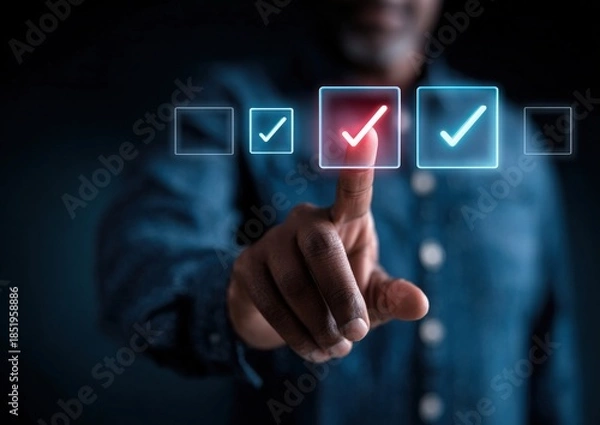 Fototapeta A hand selecting a checkmark on a digital interface, symbolizing decision-making or task completion in a dark setting.