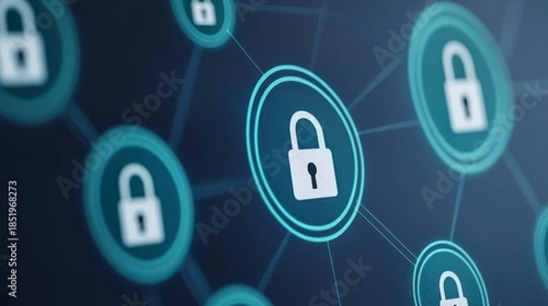 Obraz A digital illustration depicting interconnected security locks, symbolizing cybersecurity and data protection.