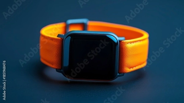 Obraz A sleek smartwatch with an orange strap placed on a dark surface, emphasizing modern design and functionality.