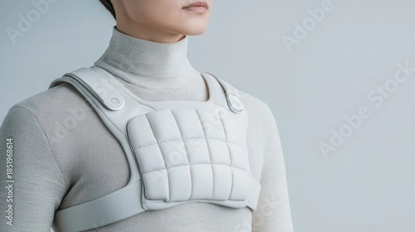 Obraz A modern, minimalistic upper body garment designed for comfort and support, worn over a fitted turtleneck, showcasing a sleek aesthetic.