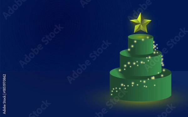 Fototapeta Abstract Green Christmas Tree with Star and Fairy Lights on Dark Blue Background