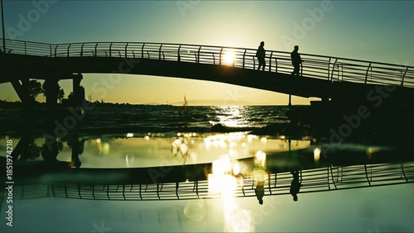 Obraz People Walking On Bridge At Golden Hour