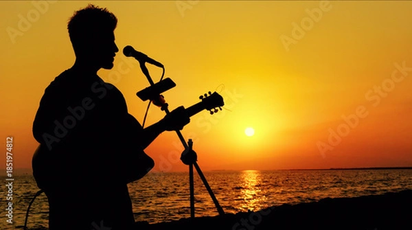 Obraz Street Musician Playing Guitar At Sunset