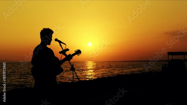 Obraz Guitar Player Silhouette Performing At Sunset