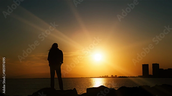 Obraz Lonely Figure Watching Sunset By The Sea at Sunset