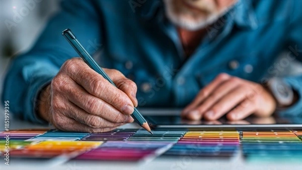 Obraz Close-up of a persons hand holding a pencil over a vibrant color swatch palette, meticulously selecting shades for a design or art project with selective focus.